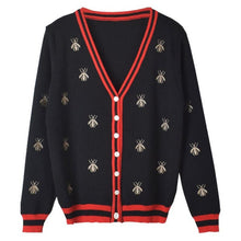 Load image into Gallery viewer, Spring Autumn Knitted Bees Embroidered Cardigan Sweater Women Long Sleeve V-neck Fashion Korean Ladies Tops Sweaters White Black