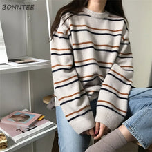 Load image into Gallery viewer, Pullovers Women Soft Autumn O-Neck Sweaters Chic Daily Tops Womens Pullover Sweet Student Striped Harajuku Knitted Loose Outwear
