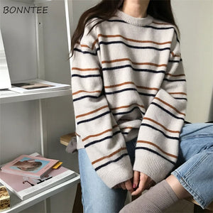 Pullovers Women Soft Autumn O-Neck Sweaters Chic Daily Tops Womens Pullover Sweet Student Striped Harajuku Knitted Loose Outwear