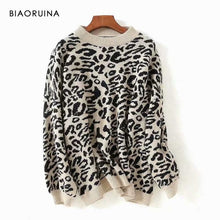 Load image into Gallery viewer, BIAORUINA Women&#39;s Fashion Leopard Knit Sweater O-neck Female Casual Keep Warm Oversized Pullover Ladies Sweet Thick Sweater
