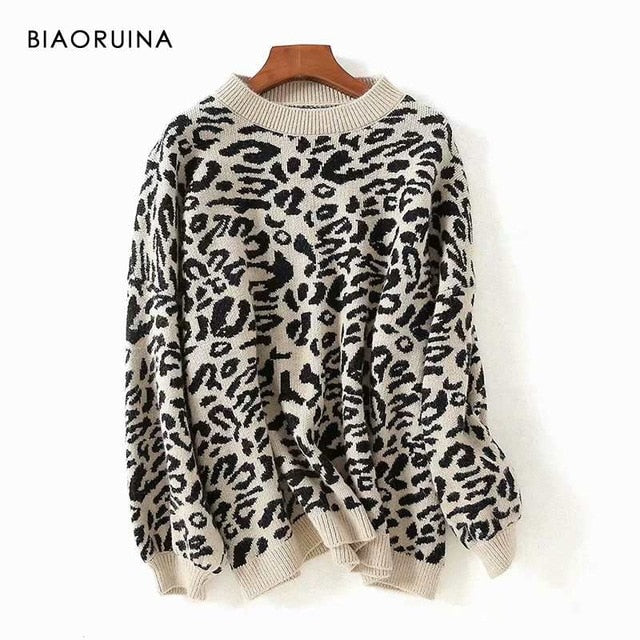 BIAORUINA Women's Fashion Leopard Knit Sweater O-neck Female Casual Keep Warm Oversized Pullover Ladies Sweet Thick Sweater