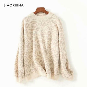 BIAORUINA Women's Fashion Leopard Knit Sweater O-neck Female Casual Keep Warm Oversized Pullover Ladies Sweet Thick Sweater