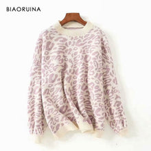 Load image into Gallery viewer, BIAORUINA Women&#39;s Fashion Leopard Knit Sweater O-neck Female Casual Keep Warm Oversized Pullover Ladies Sweet Thick Sweater
