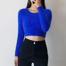 Load image into Gallery viewer, Women tight-fitting elastic high waist short furry navel long-sleeve pullover All-over Fuzzy Cropped sweater
