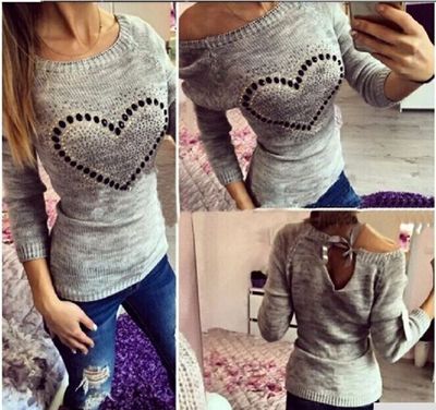 2016 Autumn Long Sleeve Knitted Sweater Women Beading Heart Pullovers Jumper Pull Femme