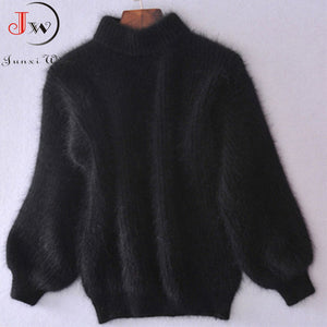 White Mohair Thicken Turtleneck Sweater 2019 Autumn Winter Sweet Fashion Lantern Sleeve Casual Solid Color Pullover pull femme