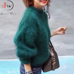 White Mohair Thicken Turtleneck Sweater 2019 Autumn Winter Sweet Fashion Lantern Sleeve Casual Solid Color Pullover pull femme