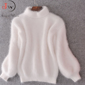 White Mohair Thicken Turtleneck Sweater 2019 Autumn Winter Sweet Fashion Lantern Sleeve Casual Solid Color Pullover pull femme