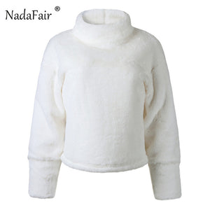 Nadafair White Plush Winter Turtleneck Sweater Women Autumn Faux Fur Loose Casual Soft Warm Fluffy Oversized Sweater Pull Femme