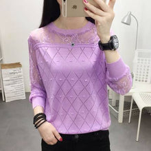 Load image into Gallery viewer, 2019 summer NEW collar lace render unlined upper garment to hollow out long sleeve short relaxed joker autumn thin sweater frock
