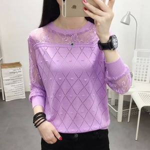 2019 summer NEW collar lace render unlined upper garment to hollow out long sleeve short relaxed joker autumn thin sweater frock