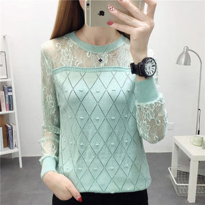2019 summer NEW collar lace render unlined upper garment to hollow out long sleeve short relaxed joker autumn thin sweater frock