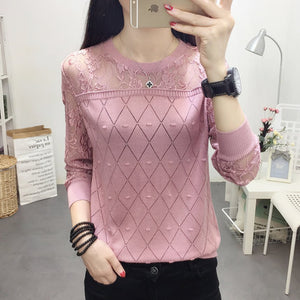 2019 summer NEW collar lace render unlined upper garment to hollow out long sleeve short relaxed joker autumn thin sweater frock