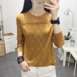 2019 summer NEW collar lace render unlined upper garment to hollow out long sleeve short relaxed joker autumn thin sweater frock