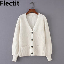 Load image into Gallery viewer, Flectit Cozy Ribbed Knit Cardigan Women V-neck Front Pocket Button Down Dropped Long Sleeve Korean Casual Chic Winter Tops *
