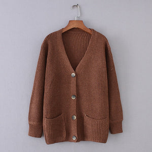 Flectit Cozy Ribbed Knit Cardigan Women V-neck Front Pocket Button Down Dropped Long Sleeve Korean Casual Chic Winter Tops *