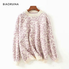 Load image into Gallery viewer, BIAORUINA Women&#39;s Fashion Leopard Knit Sweater O-neck Female Casual Keep Warm Oversized Pullover Ladies Sweet Thick Sweater
