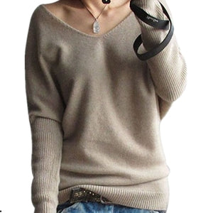 2019 Spring autumn cashmere sweaters women fashion sexy v-neck sweater loose 100% wool sweater batwing sleeve plus size pullover