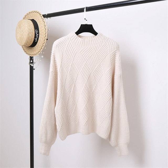 Hirsionsan Pull Femme 2019 Winter Autumn Oversized Knitted Cashmere Sweater Women Lantern Sleeve Diamond Basic Thicken Pullovers