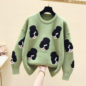 Cartoon Girl Pattern Knitted Women's Sweater O-Neck Print Loose Female Pullovers Winter 2020 Fashion Warm School Ladies Sweaters