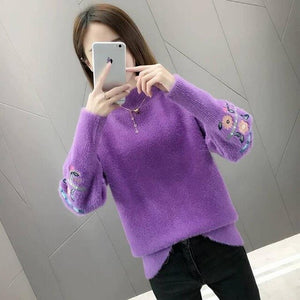 Winter Clothes Women Embroidered Plus Size Long Sleeves Sweater Water Velvet Turtleneck Sweater Cashmere Warm Pullover Sweater