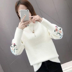 Winter Clothes Women Embroidered Plus Size Long Sleeves Sweater Water Velvet Turtleneck Sweater Cashmere Warm Pullover Sweater