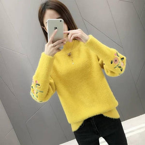 Winter Clothes Women Embroidered Plus Size Long Sleeves Sweater Water Velvet Turtleneck Sweater Cashmere Warm Pullover Sweater