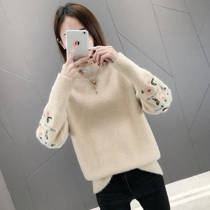 Winter Clothes Women Embroidered Plus Size Long Sleeves Sweater Water Velvet Turtleneck Sweater Cashmere Warm Pullover Sweater