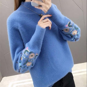 Winter Clothes Women Embroidered Plus Size Long Sleeves Sweater Water Velvet Turtleneck Sweater Cashmere Warm Pullover Sweater