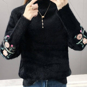 Winter Clothes Women Embroidered Plus Size Long Sleeves Sweater Water Velvet Turtleneck Sweater Cashmere Warm Pullover Sweater