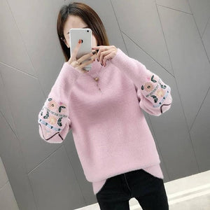 Winter Clothes Women Embroidered Plus Size Long Sleeves Sweater Water Velvet Turtleneck Sweater Cashmere Warm Pullover Sweater