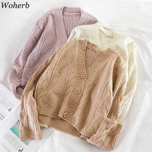 Woherb Short Cardigan Women Crop Knitted Twist Sweater Long Sleeve Female Jumper Cardigans Casual Streetwear Pull Femme 2020