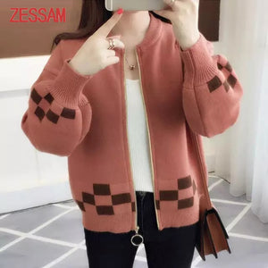 Women's cashmere knitted sweater with zipper, autumn winter Korean long-sleeved sweater cashmere female knitted jacket sweater