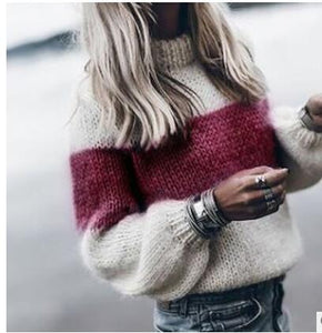 Knitting Women Solid Sweater High Collar Loose Knitted Pollovers Sweater Lantern Sleeve Women Autumn Winter Sweater