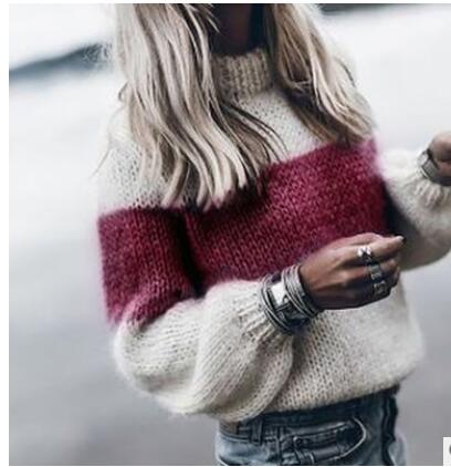 Knitting Women Solid Sweater High Collar Loose Knitted Pollovers Sweater Lantern Sleeve Women Autumn Winter Sweater