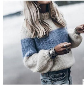 Knitting Women Solid Sweater High Collar Loose Knitted Pollovers Sweater Lantern Sleeve Women Autumn Winter Sweater