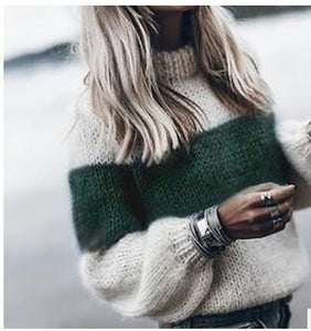 Knitting Women Solid Sweater High Collar Loose Knitted Pollovers Sweater Lantern Sleeve Women Autumn Winter Sweater