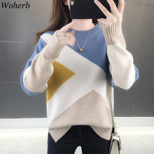 Load image into Gallery viewer, Woherb Sweater Women O Neck Long Sleeve Knit Pullovers Patchwork Loose Jumpers Korean Temperament Fashion New Pull Femme 91017
