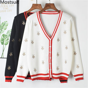 Spring Autumn Knitted Bees Embroidered Cardigan Sweater Women Long Sleeve V-neck Fashion Korean Ladies Tops Sweaters White Black