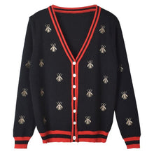 Load image into Gallery viewer, Spring Autumn Knitted Bees Embroidered Cardigan Sweater Women Long Sleeve V-neck Fashion Korean Ladies Tops Sweaters White Black
