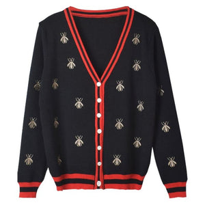 Spring Autumn Knitted Bees Embroidered Cardigan Sweater Women Long Sleeve V-neck Fashion Korean Ladies Tops Sweaters White Black