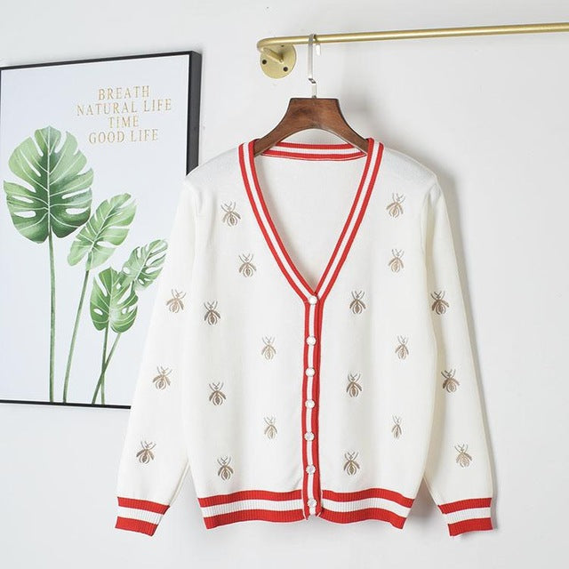 Spring Autumn Knitted Bees Embroidered Cardigan Sweater Women Long Sleeve V-neck Fashion Korean Ladies Tops Sweaters White Black