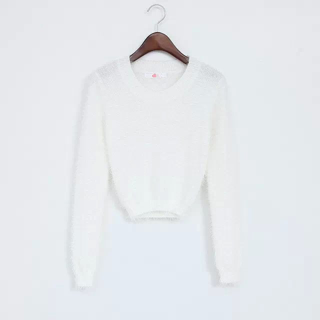 Women tight-fitting elastic high waist short furry navel long-sleeve pullover All-over Fuzzy Cropped sweater