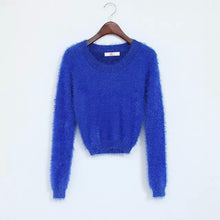 Load image into Gallery viewer, Women tight-fitting elastic high waist short furry navel long-sleeve pullover All-over Fuzzy Cropped sweater
