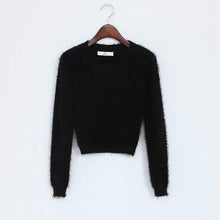 Load image into Gallery viewer, Women tight-fitting elastic high waist short furry navel long-sleeve pullover All-over Fuzzy Cropped sweater
