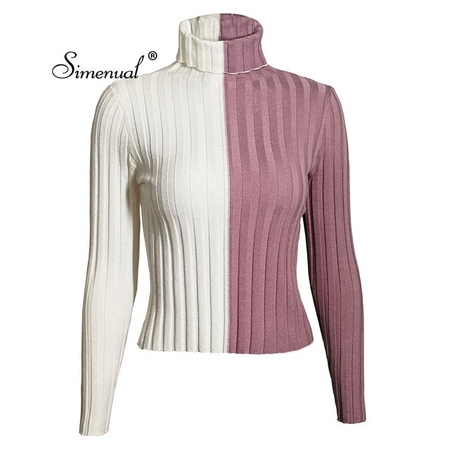 Simenual Patchwork women's turtleneck sweaters and pullovers autumn knitting clothes skinny sexy cropped lady's sweater hot sale