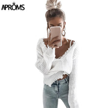 Load image into Gallery viewer, Aproms Tassel Deep V Knitted Pullover Female Autumn Winter White Long Sleeve Knit Crochet Sweaters Women Cropped Jumper Pull Top
