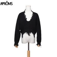 Load image into Gallery viewer, Aproms Tassel Deep V Knitted Pullover Female Autumn Winter White Long Sleeve Knit Crochet Sweaters Women Cropped Jumper Pull Top
