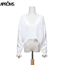 Load image into Gallery viewer, Aproms Tassel Deep V Knitted Pullover Female Autumn Winter White Long Sleeve Knit Crochet Sweaters Women Cropped Jumper Pull Top
