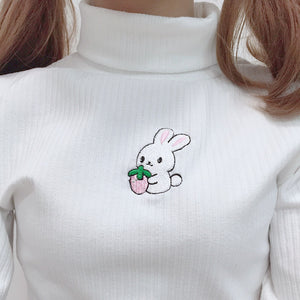 New Lolita women sweater kawaii pullover top super cute rabbit embroidery high collar stretch warm knit bottoming sweaters